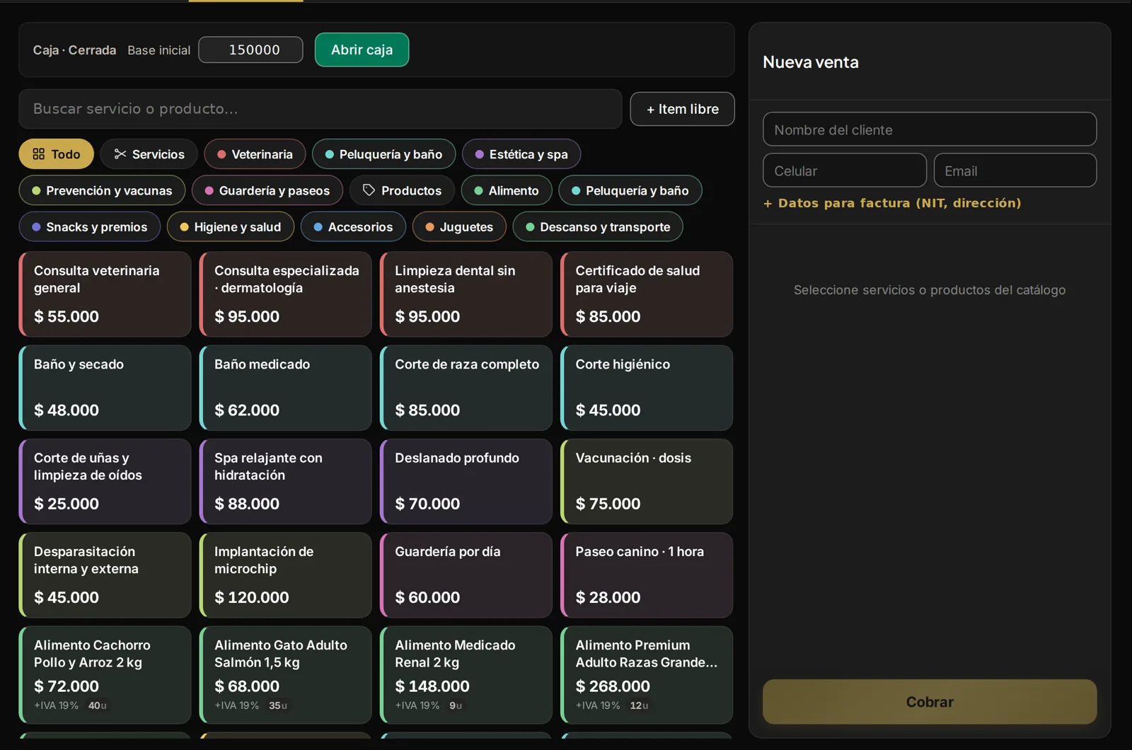 Caja de Lukaby: productos y servicios por categoría, listos para cobrar
